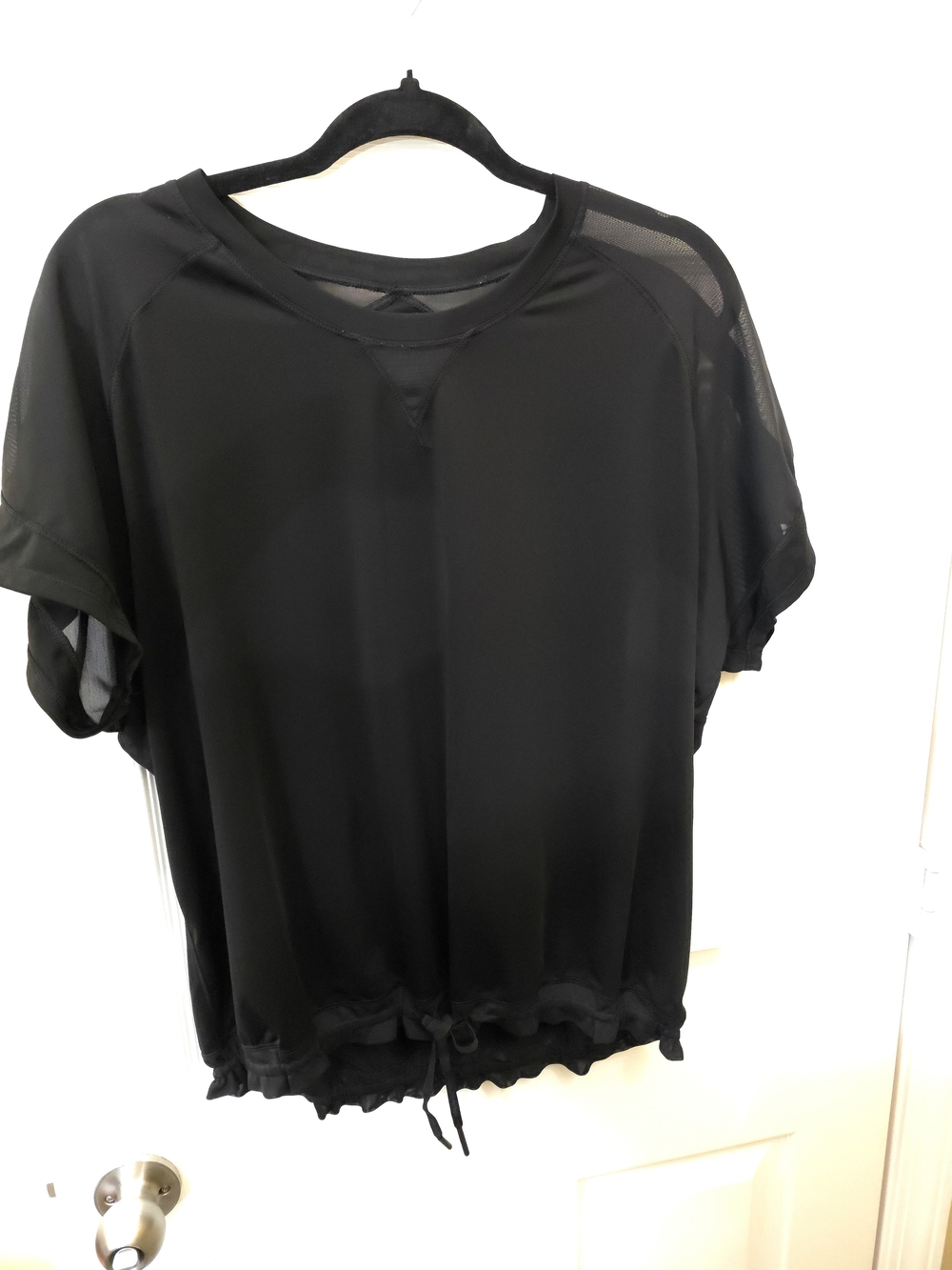 Athletic Works Black Short Sleeve Mesh Accent Drawstring Top